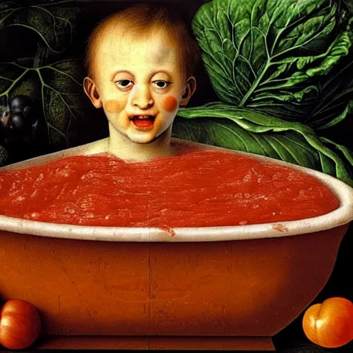 Image similar to a boy sitting in a tub full of tomato sauce, the boy is very happy, a lot of cabbage, by giuseppe arcimboldo and ambrosius benson, renaissance, fruit, intricate and intense oil paint, realistic