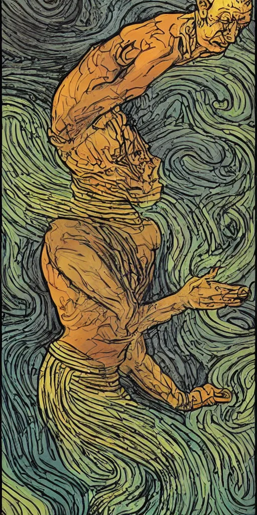 Image similar to Artwork of The Ancestral Prophet Of The Rivers by Hergé, Trending on artstation