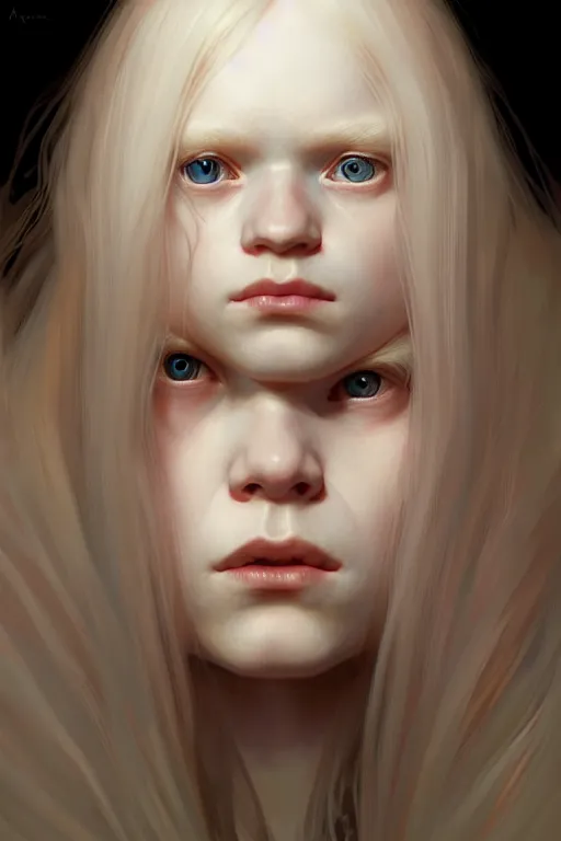 Image similar to Close-up portrait of young albino girl, long blonde hair, dark fantasy, portrait, highly detailed, digital painting, artstation, concept art, sharp focus, illustration, art by artgerm and greg rutkowski and alphonse mucha