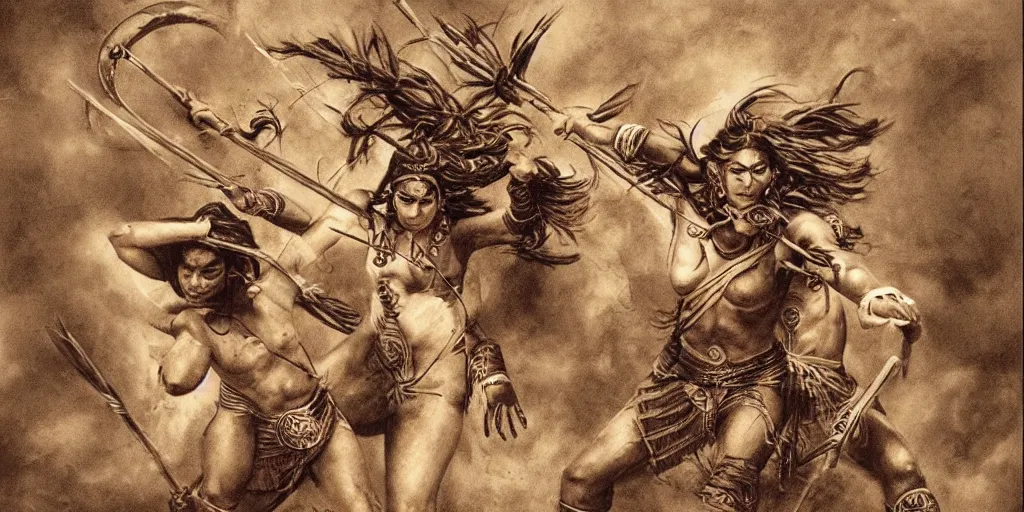 Prompt: powerful beautiful aztec and Amazonian warrior females fight, bow, flying arrows, spear, epic camera, vintage, Boris vallejo, sepia, apocalypto