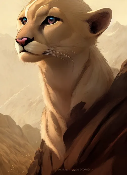 Prompt: beautiful portrait commission of a male furry anthro albino mountain lion wearing miner's clothes in the western frontier. Atmospheric. Character design by charlie bowater, ross tran, artgerm, and makoto shinkai, detailed, inked, western comic book art