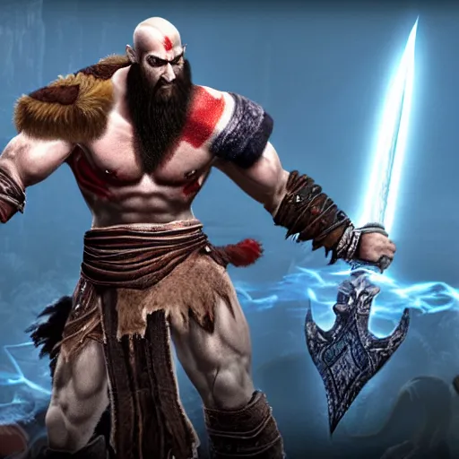 Image similar to in - game screenshot of kratos from god of war in the video game league of legends