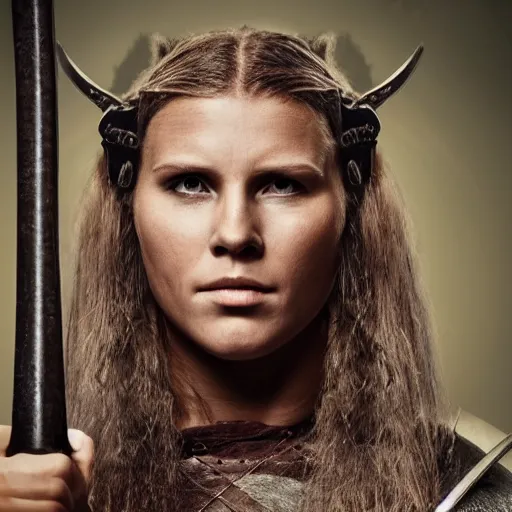 Prompt: A head and shoulders portrait of a fierce female viking warrior holding an axe