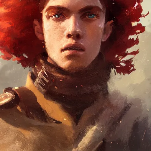 Prompt: masterpiece closeup portrait of a young man with short red hair in adventuring gear by Greg Rutkowski, 4k, masterpiece, cinematic, dungeons and dragons, detailed