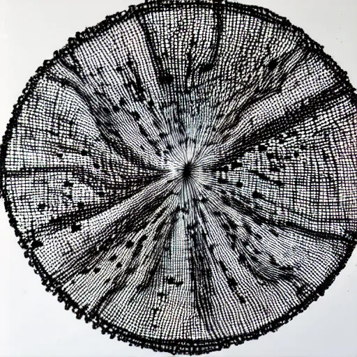 Image similar to a damaged mesh made out of tiny threads with rips and tears, black drawing on white paper