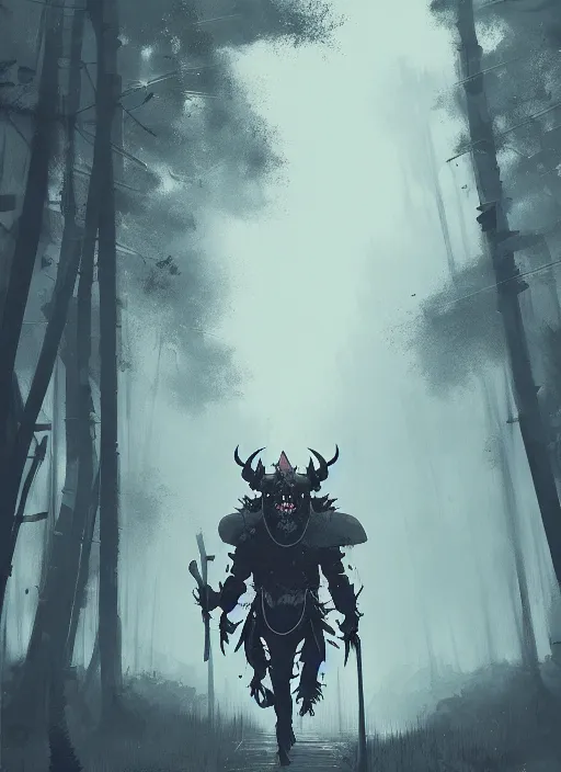 Image similar to giant oni demon in armor, walking, grey forest background, by ismail inceoglu