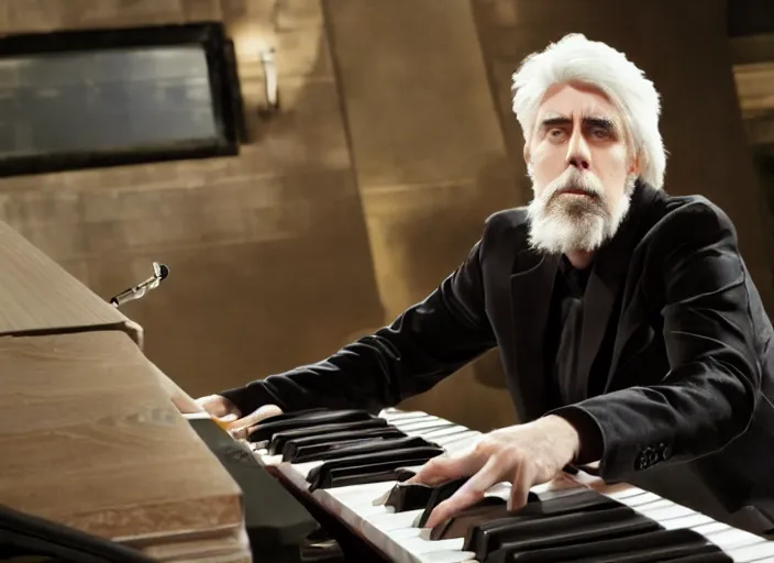 Image similar to michael mcdonald playing keyboard, movie still, from the new gremlins movie, 8 k, realistic