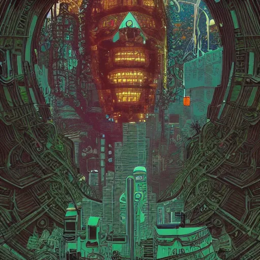 Prompt: Stunningly intricate illustration of a single cyberpunk explorer overlooking a gigantic decaying robot head in a lush forest, highly detailed, midnight, by Victo Ngai and James Gilleard , Moebius, Laurie Greasley