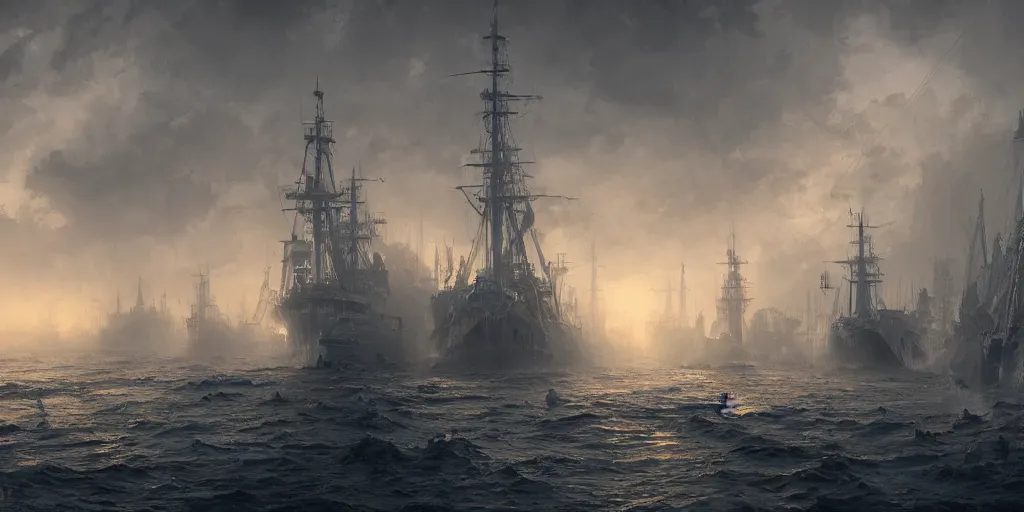 Prompt: the naval ghost fleet, by Andreas Rocha + Ted Nasmith, dark, cinematic lighting, masterpiece, highly detailed, 8k resolution, trending on art station