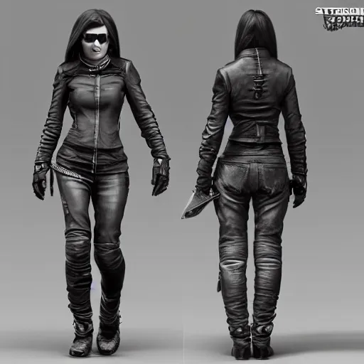 Prompt: badass biker female character design, front and side view, by weta digital, character sheet, full body, cg awards gallery, awarded on cgsociety, symetrical, detailed, modelled in zbrush, by steven stahlberg and bouguereau, by framestore