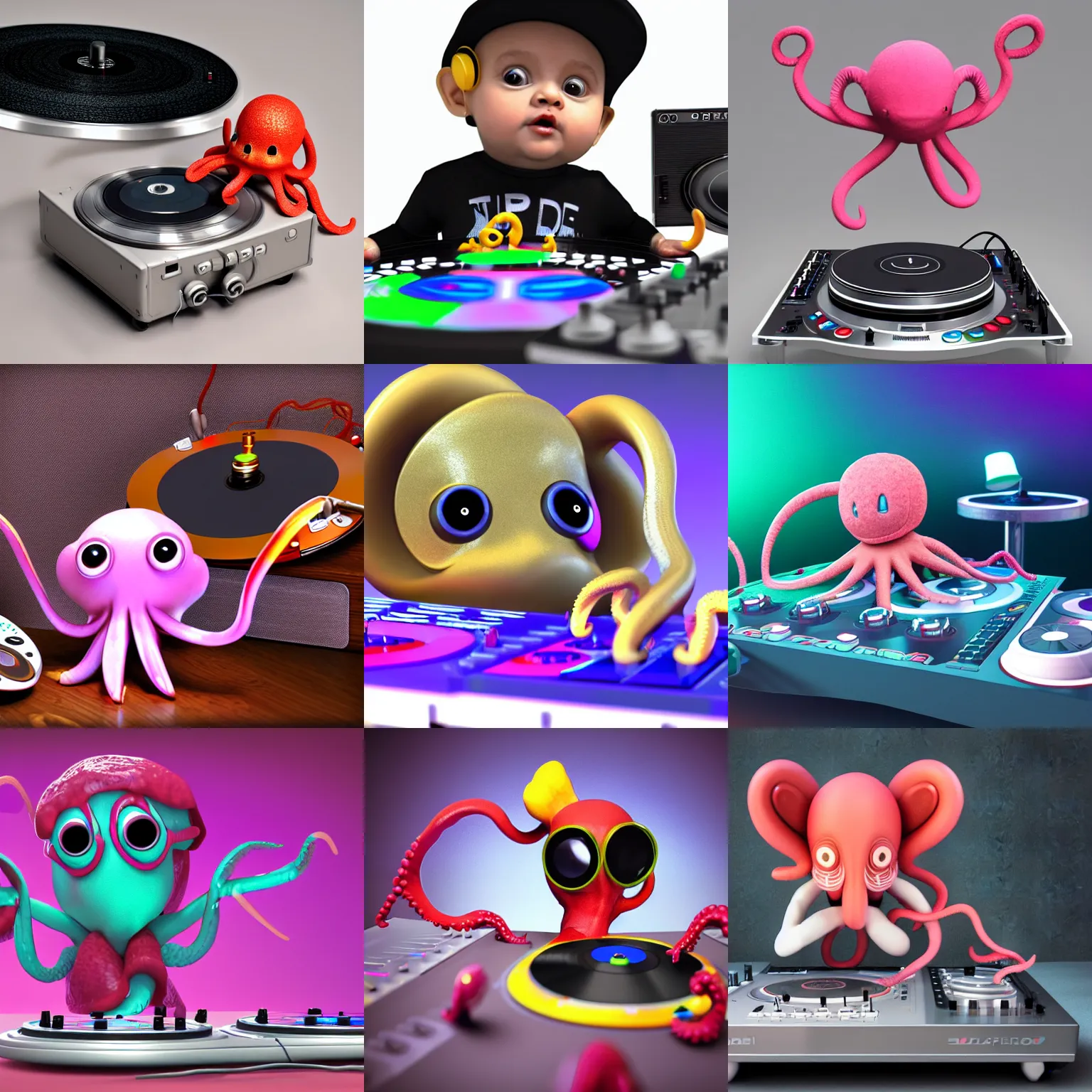 Prompt: 3d render of a super cute baby octopus DJing with DJ turntables, photoreal, unreal