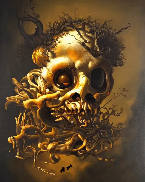 Image similar to refined gorgeous blended oil painting with black background by christian rex van minnen rachel ruysch dali todd schorr of a chiaroscuro portrait of an extremely bizarre disturbing mutated man with shiny skin acne dutch golden age vanitas intense chiaroscuro cast shadows obscuring features dramatic lighting perfect composition masterpiece