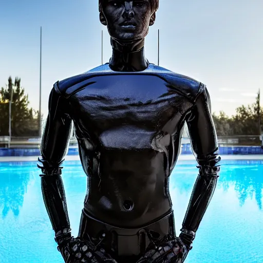 Image similar to a realistic detailed photo of a guy who is an attractive humanoid who is half robot and half humanoid, who is a male android, soccer player martin ødegaard, shiny skin, posing like a statue, blank stare, by the pool, on display, showing off his muscles, humanoid robot, frozen ice statue