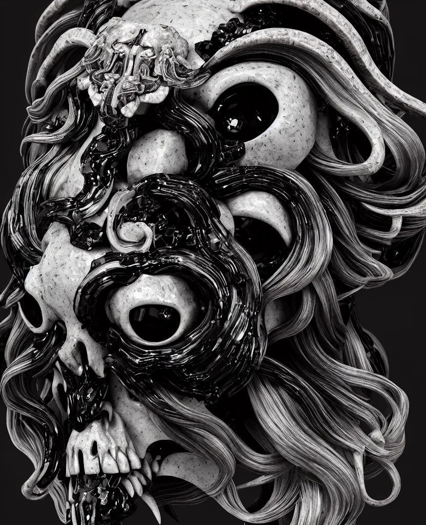 Image similar to goddess princess face close-up portrait ram skull. sculpture made of black obsidian. jellyfish phoenix head, nautilus, orchid, skull, betta fish, bioluminiscent creatures, intricate artwork by Tooth Wu and wlop and beeple. octane render, trending on artstation, greg rutkowski very coherent symmetrical artwork. cinematic, hyper realism, high detail, octane render, 8k