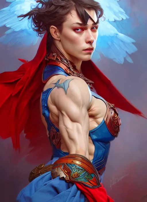 Image similar to portrait of aggressive pigeon humanoid, d & d, muscular! blue and red, fantasy, intricate, elegant, highly detailed, digital painting, artstation, concept art, smooth, sharp focus, illustration, art by artgerm and greg rutkowski and alphonse mucha