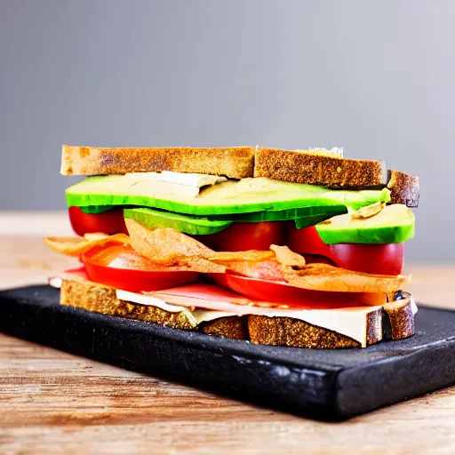 Image similar to sandwich with tofu, tomato, onion, avocado and cheddar, studio photo, amazing light