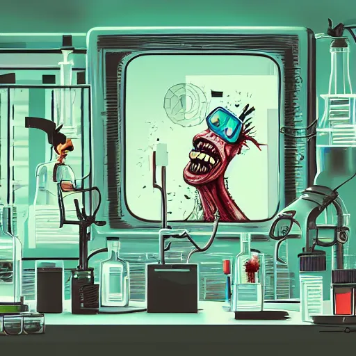 Image similar to editorial illustration of a laboratory setup from a mad scientist, zombi apocalypse, photography, fine texture, dynamic composition, detailed, dynamic perspective, colorful modern