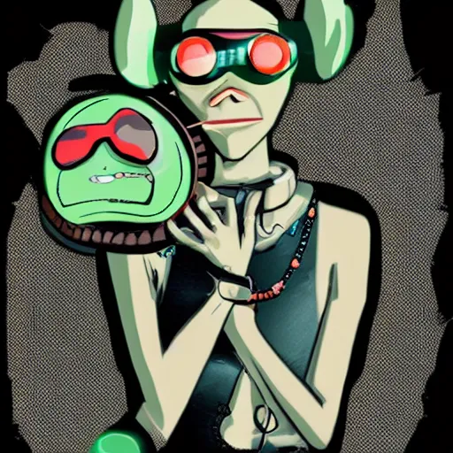 Prompt: a cybergoth guy wearing goggles and eccentric jewelry by jamie hewlett :: full body character concept art, full body, detailed