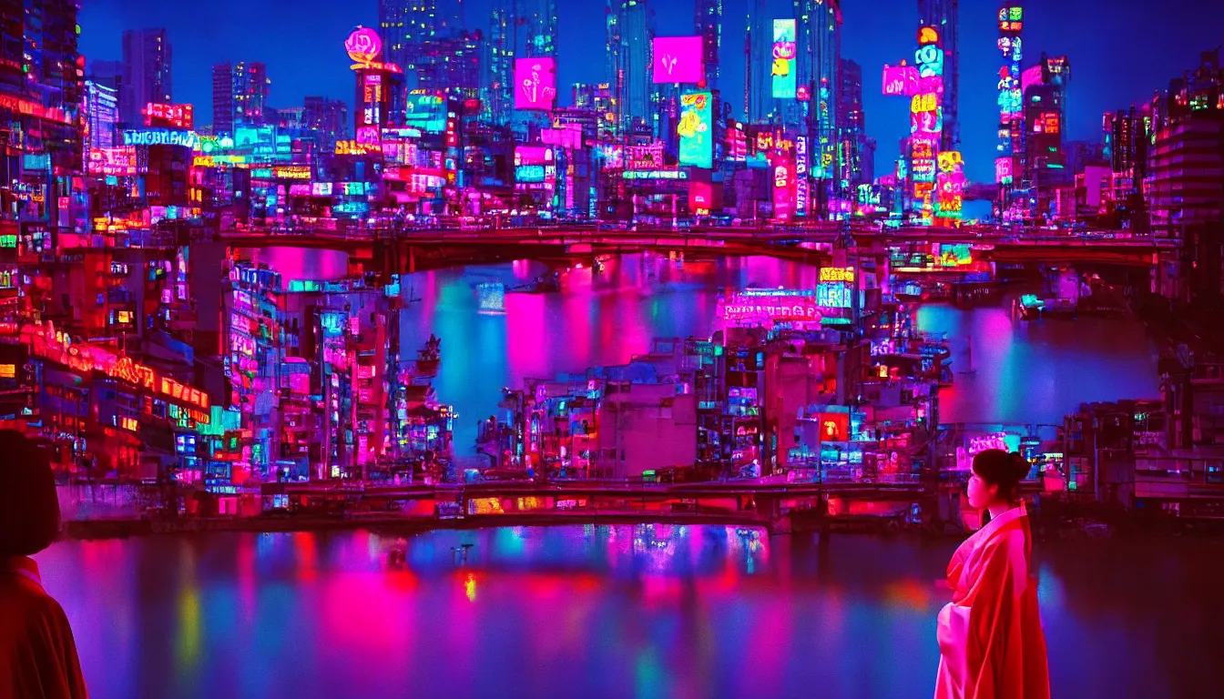 Image similar to 80s neon movie still, woman wearing a kimono looks over a river, city with neon lights is in front of her. movie still. hyperrealistic, high definition, medium format photography, highly detailed, tehnicolor, anamorphic 50mm lens