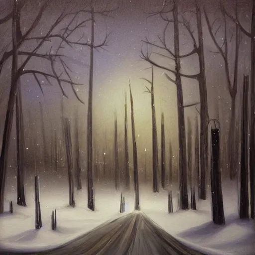 Image similar to snowy forest night scene in a single wooden cabin surrounded by the woods with one illuminated window, horror dark contrast, oil painting