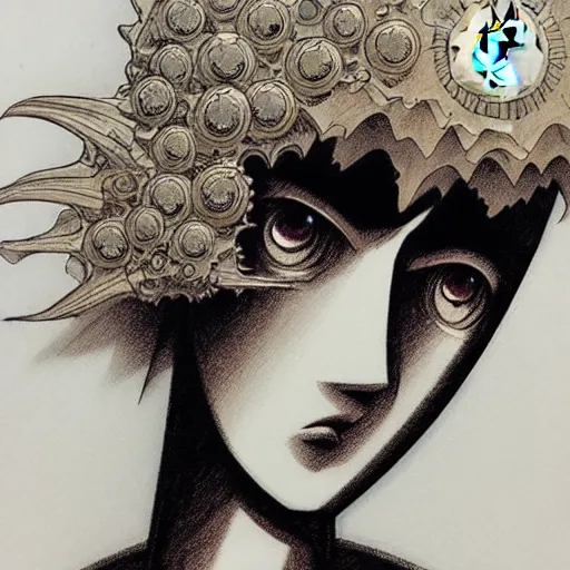 Image similar to prompt: Fragile looking vessel portrait face drawn by Katsuhiro Otomo, inspired by Dennis Ziemienski, magical and alchemical objects on the side, soft light, white background, intricate detail, intricate ink painting detail, sharp high detail, manga and anime 2000