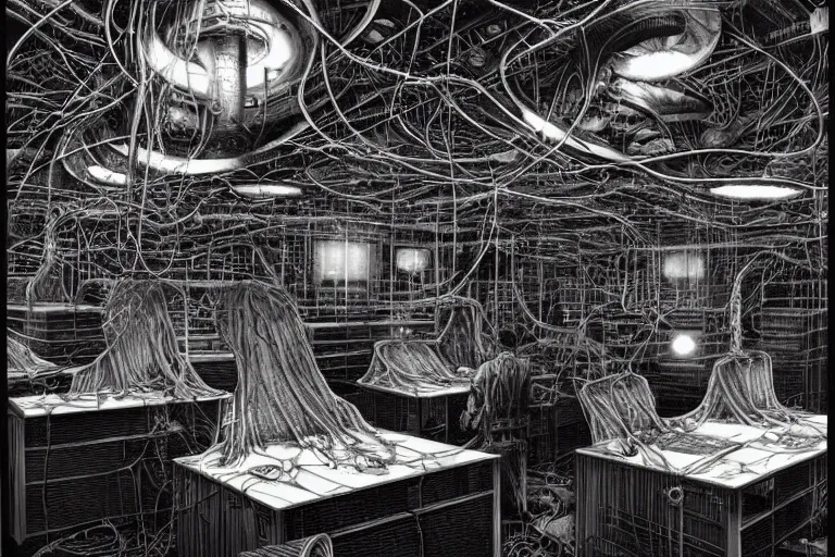 Prompt: lovecraftian office with terminals where humans are plugged into neural links and forced to dream for the eldritch overlords, by hr giger, dan mumford, stephen gammell, noriyoshi ohrai