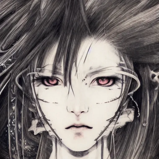 Image similar to yoshitaka amano realistic illustration of an anime girl with black eyes, wavy white hair fluttering in the wind and cracks on her face wearing elden ring armour with engraving, abstract black and white patterns on the background, noisy film grain effect, highly detailed, renaissance oil painting, weird portrait angle, blurred and dreamy portrait, three quarter angle portrait