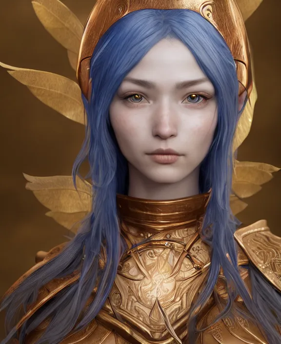 Image similar to a beautiful and highly detailed digital portrait of a dignified elf with long blue windswept hair in a rose gold breastplate by artgerm, and lu ji, centered, artsation contest winner, cgsociety, fantasy art, cryengine, concept art, photorealism, daz 3 d, sketchfab, zbrush, vray