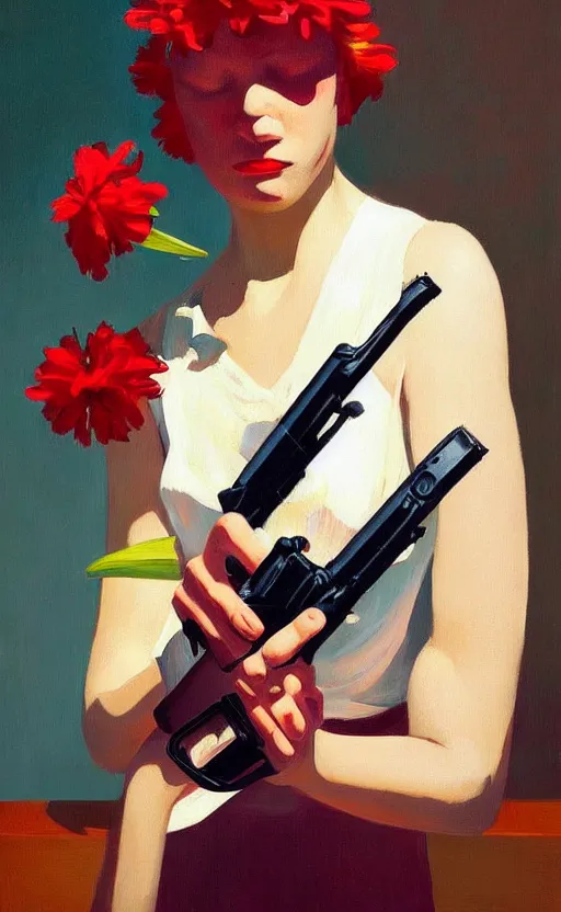 Prompt: beautiful still life featuring blooming flowers and a hand gun, very coherent, painted by Edward Hopper, painted by James Gilleard, airbrush, art by JamesJean