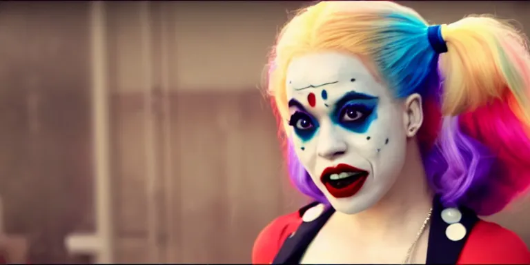 Image similar to film still of doja cat as Harley Quinn in Joker, full-shot, 4k