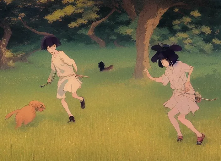 Image similar to japan 1 9 2 0's, young adult playfully chased by his goldendoodle dog on a green meadow, golden hour, finely detailed perfect art, gapmoe yandere grimdark, trending on pixiv fanbox, painted by greg rutkowski makoto shinkai takashi takeuchi studio ghibli