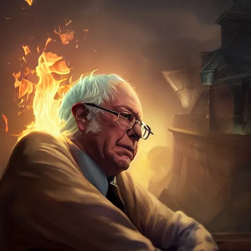 Image similar to portrait of bernie sanders burning money, league of legends amazing splashscreen artwork, splash art, natural light, elegant, photorealistic facial features, intricate, fantasy, detailed face, atmospheric lighting, anamorphic lens flare, cinematic lighting, league of legends splash art, hd wallpaper, ultra high details by greg rutkowski