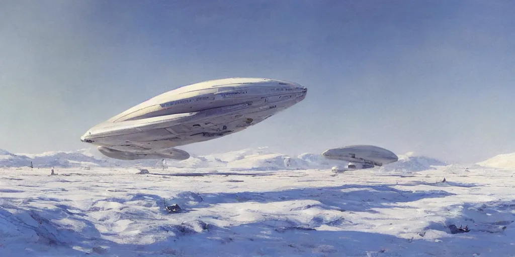 Prompt: white giant spaceship starship airship in center on tansy field at foot on snowy mountain by Fernand Khnopff by john berkey, oil painting, concept art