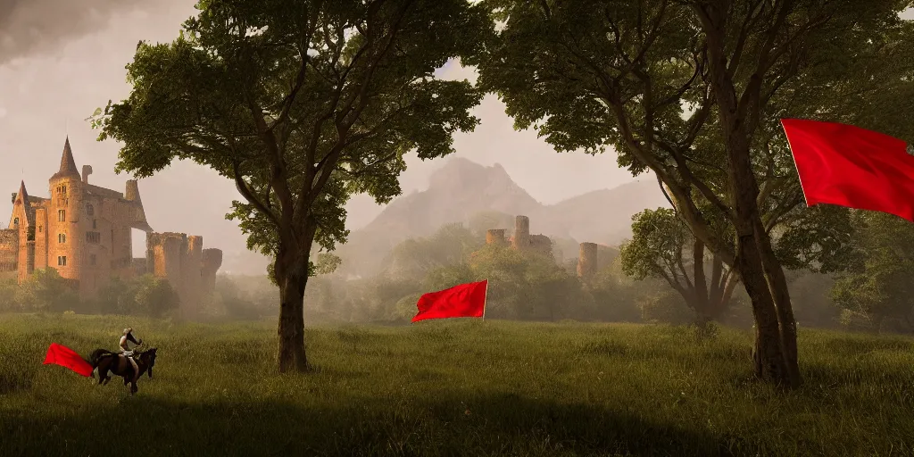 Prompt: medieval castle surrounded by a lush park, high city walls, in the background are far away mountains, stormy weather, rider on horseback with a red banner, smoke, fog, trending on artstation, unreal engine 5, octane render, redshift render, 8 k