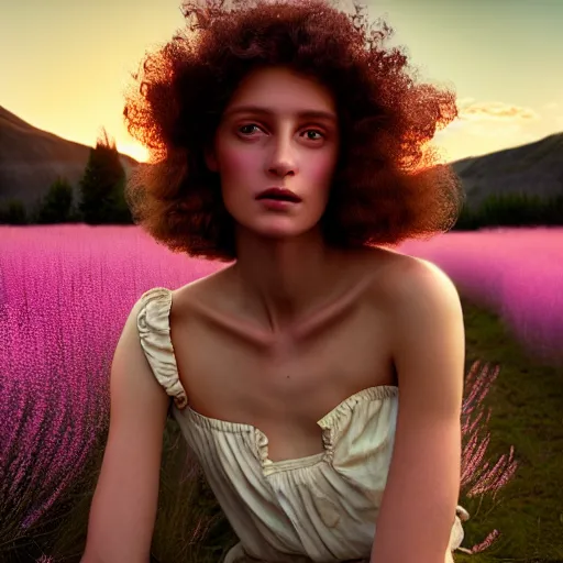 Image similar to photographic portrait of a stunningly beautiful renaissance female in soft dreamy light at sunset, field of fireweed, contemporary fashion shoot, by edward robert hughes, annie leibovitz and steve mccurry, david lazar, jimmy nelsson, breathtaking, 8 k resolution, extremely detailed, beautiful, establishing shot, artistic, hyperrealistic, beautiful face, octane render