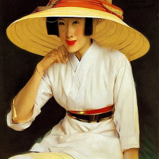 Image similar to woman wearing a chinese hat, by j. c. leyendecker