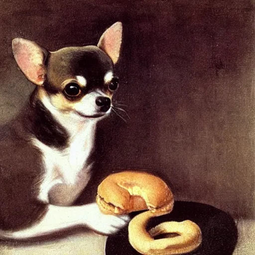 Prompt: chihuahua, by camille corot, eating a bagel