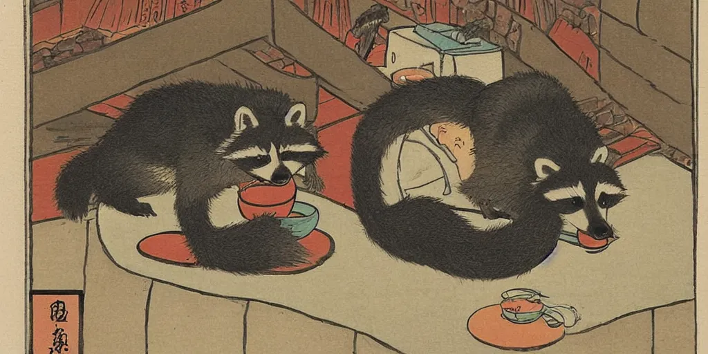 Image similar to little raccoon sitting by a cozy fireplace with a cup of tea. warm color temperature. ukiyo - e,