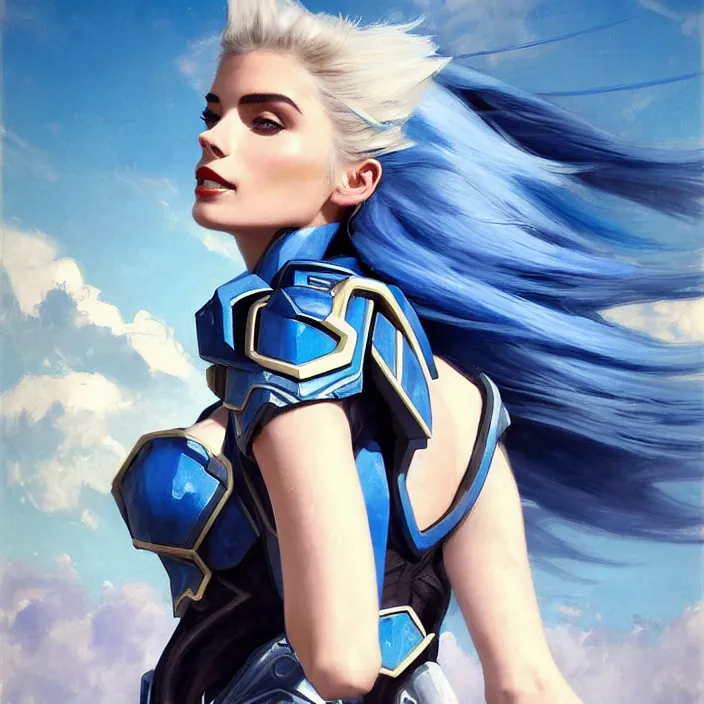 Image similar to portrait of a combination of Ashley Greene, Adriana Dxim, Grace Kelly and Lily Collins with blue hair wearing Interceptor's armor from Anthem, countryside, calm, fantasy character portrait, dynamic pose, above view, sunny day, thunder clouds in the sky, artwork by Jeremy Lipkin and Giuseppe Dangelico Pino and Michael Garmash and Rob Rey and Greg Manchess and Huang Guangjian, very coherent asymmetrical artwork, sharp edges, perfect face, simple form, 100mm