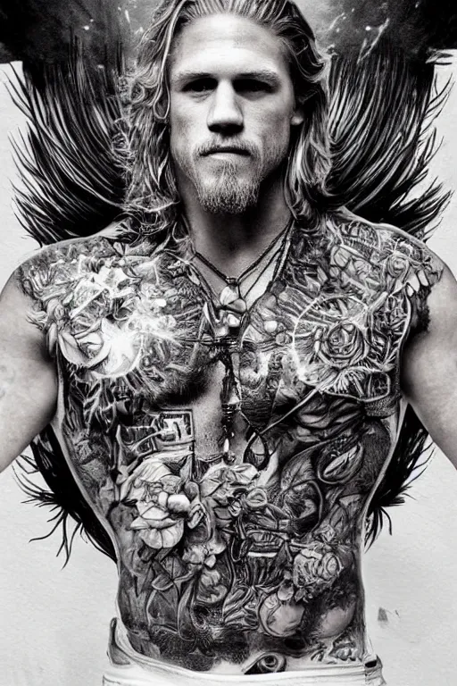 Image similar to Photorealistic half body Portrait of Jax Teller as a very attractive muscular biker, all his skin covered by flowers, elvish symbols and and dark grim themed tattoos. surrounded by magic lightings overlays, Intricate, concept art, magic lighting overlays, magical portal opened, D&D!, fantasy style, sharp focus!, ultra detailed, art by Artgerm and Peter Andrew Jones, WLUP, Magali Villeneuve