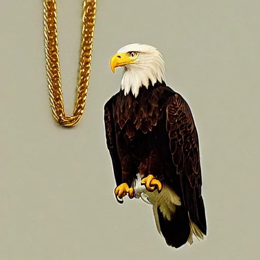 Prompt: a bald eagle, wearing a gold chain with a diamond pendant