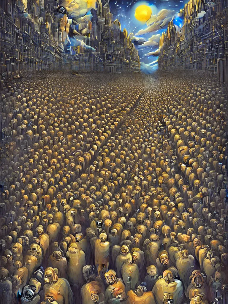 Image similar to A crowded street extending into the night sky, matte painting by Rob Gonsalves, in the style of Salvador Dalí, surrealism, magic realism, optical illusion art