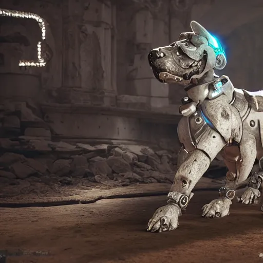 Prompt: hybrid of a cyborg dog and a stone golem, ultra detailed, 8 k, professional lighting, unreal engine.