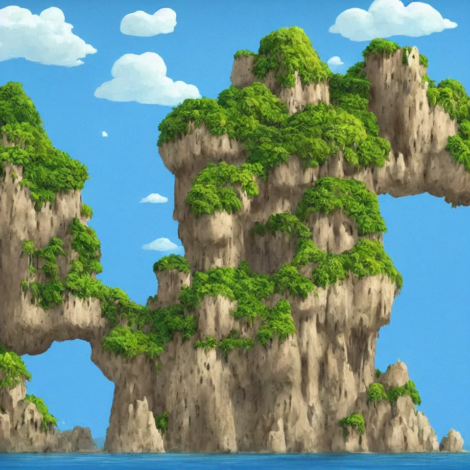 Image similar to an island floating in the air, the island is rocky and bare with some vegetation, waterfalls left from the island flowing into the sea, highly detailed, animated, lovely, dreamy, morandi colour scheme, strong light and shadow atmosphere, painted by Ghibli