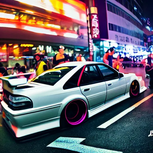 Image similar to a car JZX100 turbo drift at illegal car meet, Shibuya prefecture, midnight mist lights, cinematic color, photorealistic, highly detailed wheels, highly detailed