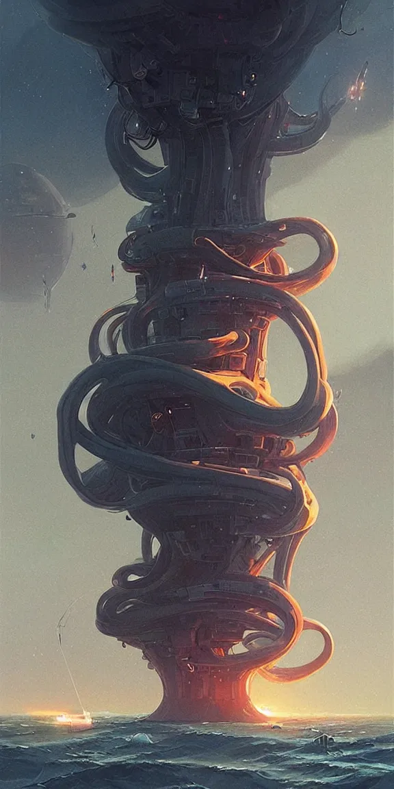 Image similar to squid shaped starship with long tendrils crashing into the sea, lots of hanging cables and wires, messy cords, sci - fi concept art, by john harris, by simon stalenhag, stunning, award winning