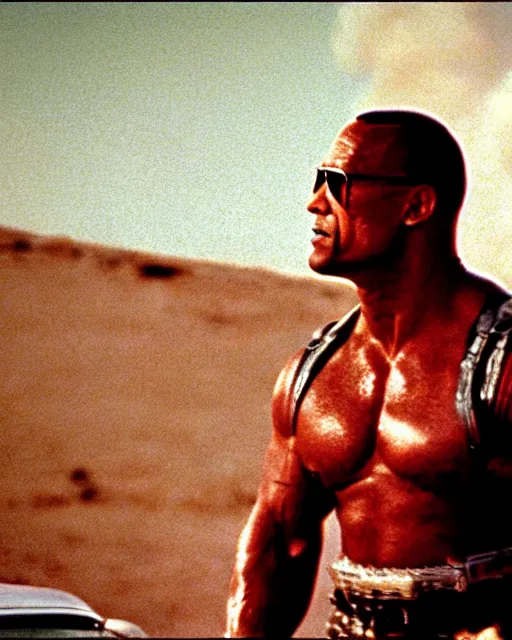 Image similar to film still close up shot of dwayne johnson in the movie mad max 2 the road warrior. photographic, photography