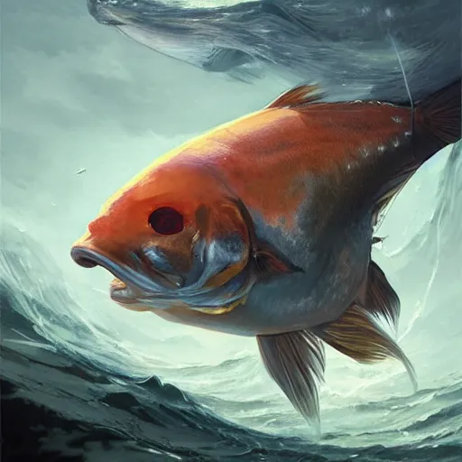 Image similar to portrait of a magikarp, huge realistic, elegant, rule of thirds, wide angle, highly detailed, artstation, concept art, matte, sharp focus, art by greg rutkowski, cover by artgerm