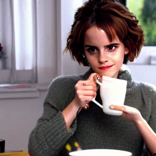 Image similar to emma watson drinking a saucer of warm milk, in the style of a bob ross painting