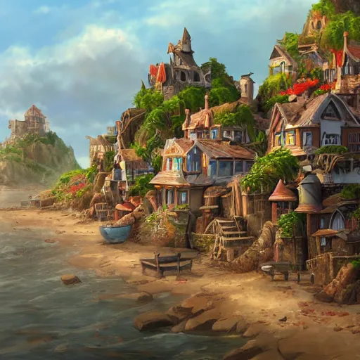 Prompt: a seaside village, detailed, fantasy style, trending on artstation